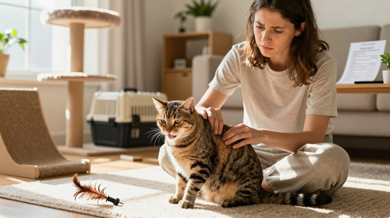 Frau sitzt auf Boden und streichelt miazende getigerte Katze in hellem Wohnzimmer mit Katzenspielzeug.