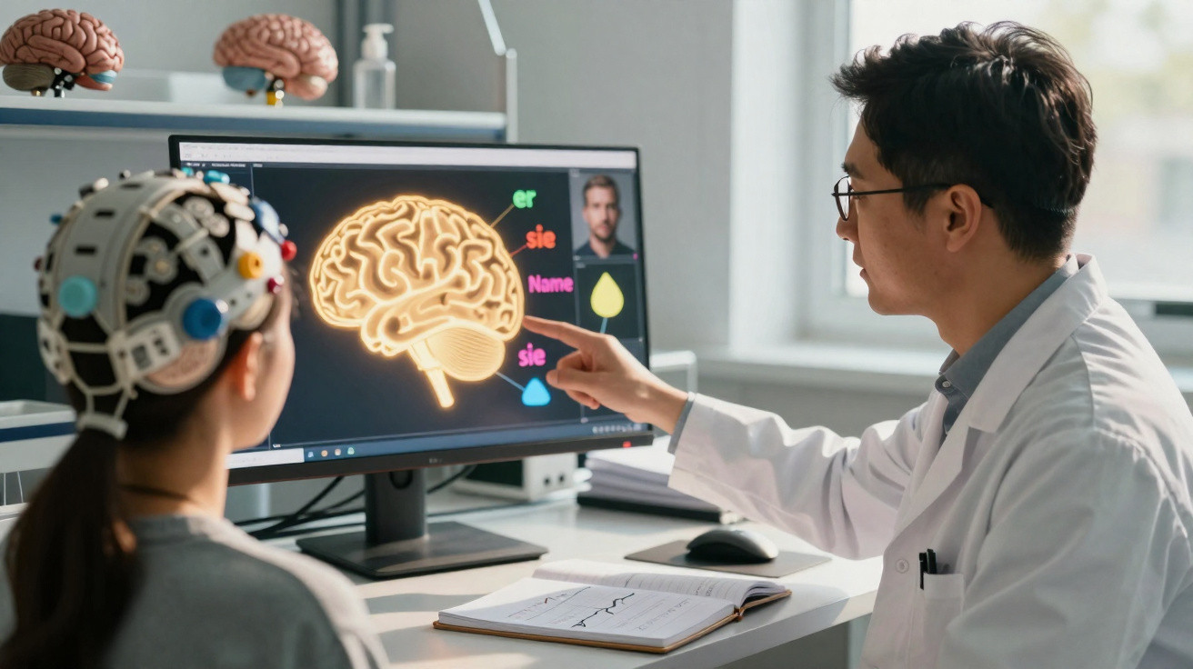 Neurowissenschaftler erklärt Patientin Hirnfunktionen anhand digitaler Gehirnanalyse auf Bildschirm.