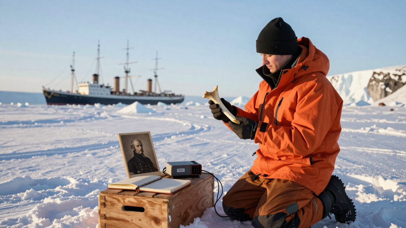 Mann in oranger Jacke kniet im Schnee, untersucht Knochen, daneben historische Gegenstände und ein Schiff im Hintergrund.