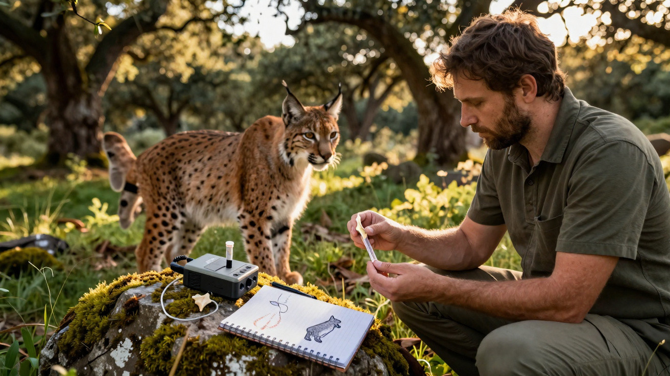 Forscher sitzend im Wald mit Luchs und Notizbuch mit Tierzeichnungen auf einem moosbedeckten Stein.
