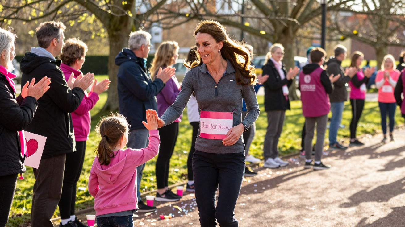 Frau beim Lauf „Run for Rose“ gibt einem Mädchen am Wegesrand High Five, Zuschauer klatschen Beifall.