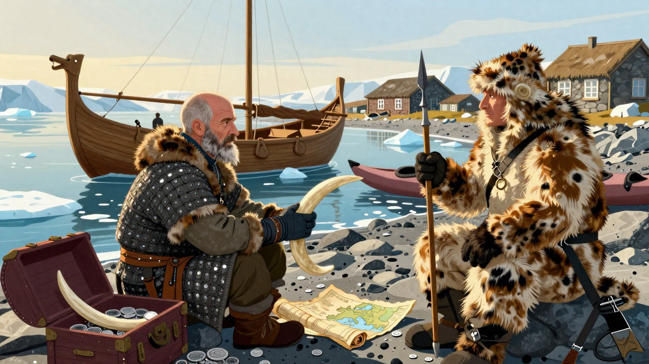 Zwei Wikinger in Fellkleidung diskutieren mit Karte und Speer am Ufer, im Hintergrund ein Drachenboot und Häuser.