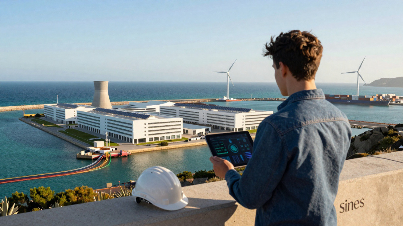 Person mit Tablet blickt auf moderne Meereskraftanlage mit Windrädern und Kühlturm bei klarem Himmel