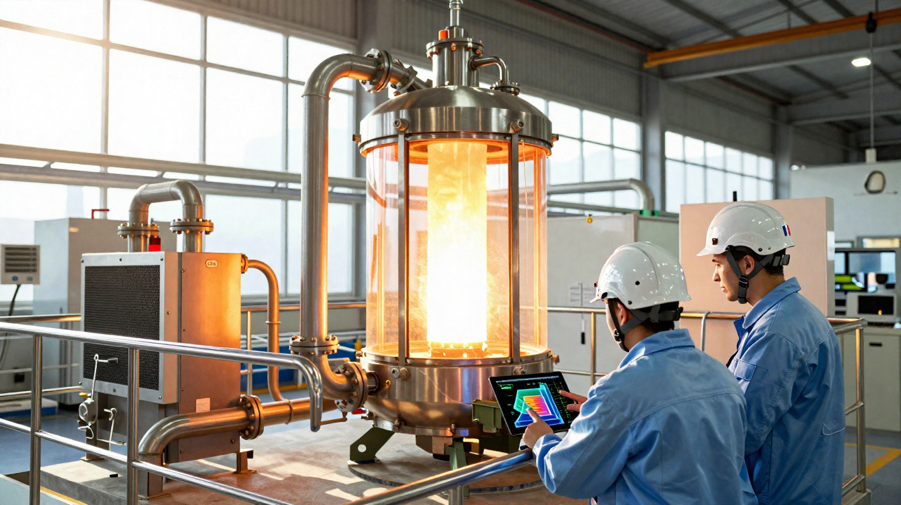Zwei Ingenieure in Schutzhelmen überwachen industrielle Maschine mit leuchtendem, zylindrischem Reaktor in Fabrikhalle.