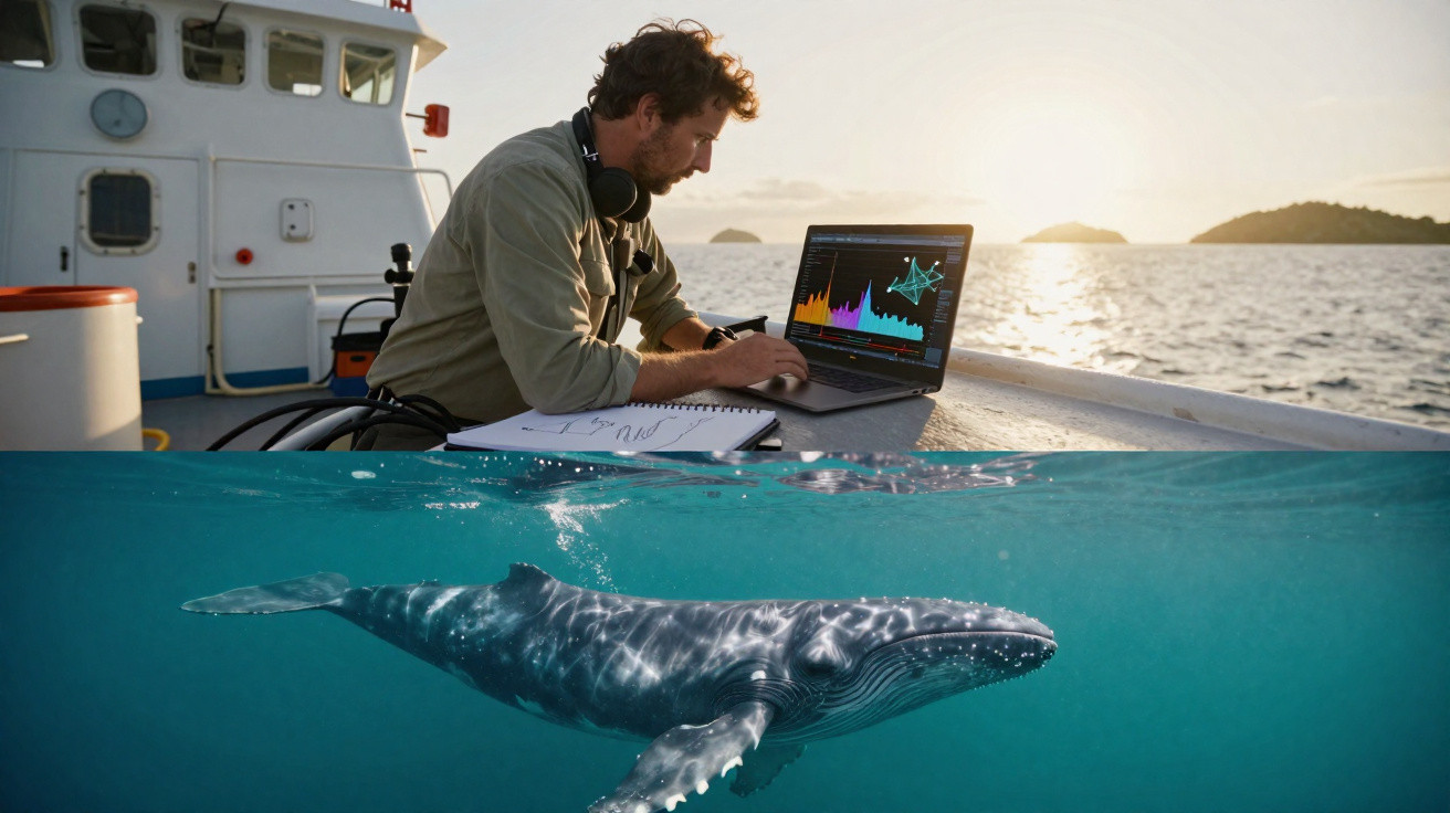 Mann analysiert Daten zum Buckelwal auf Laptop an Bord eines Bootes bei Sonnenuntergang.