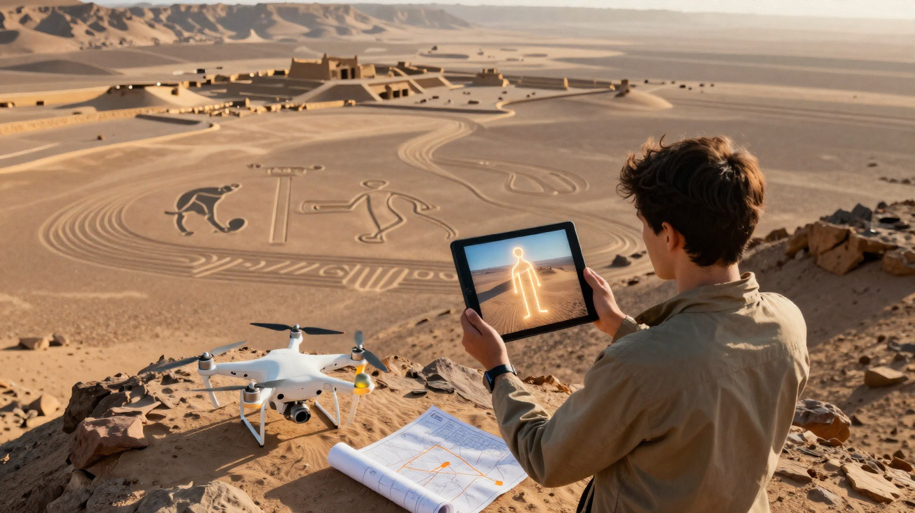 Person im Wüstenfelsen mit Drohne, Tablet und Karte vor großen Bodenzeichnungen in Sandlandschaft.