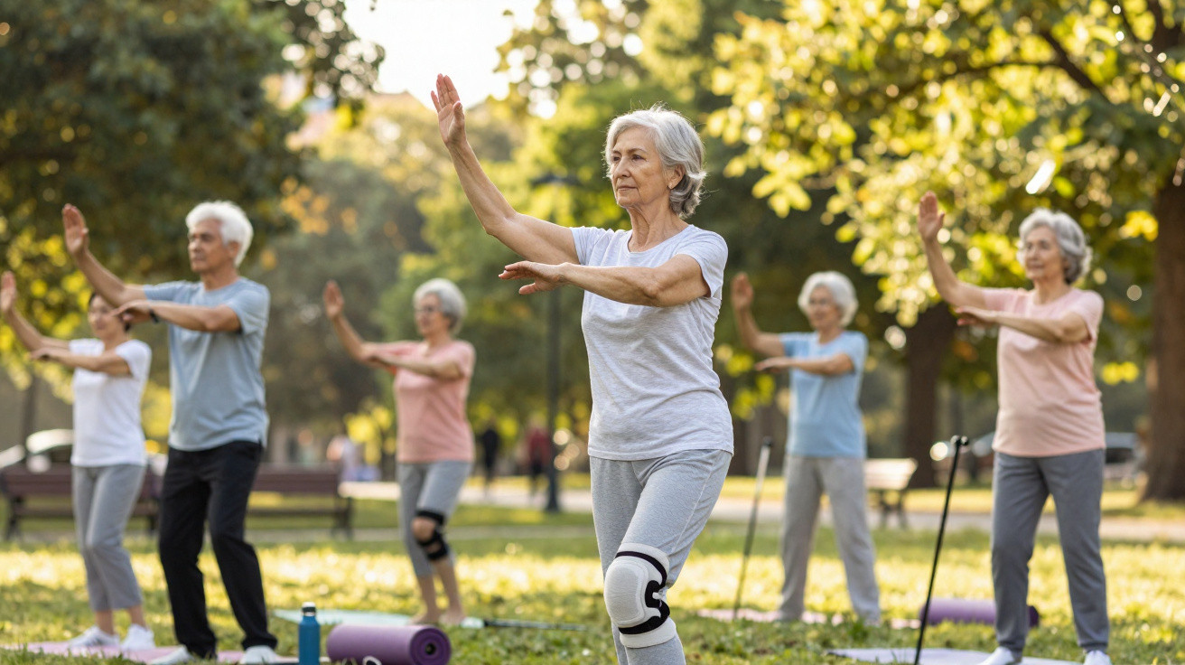Ältere Menschen praktizieren Tai Chi im Park bei sonnigem Wetter, alle tragen bequeme Sportkleidung.