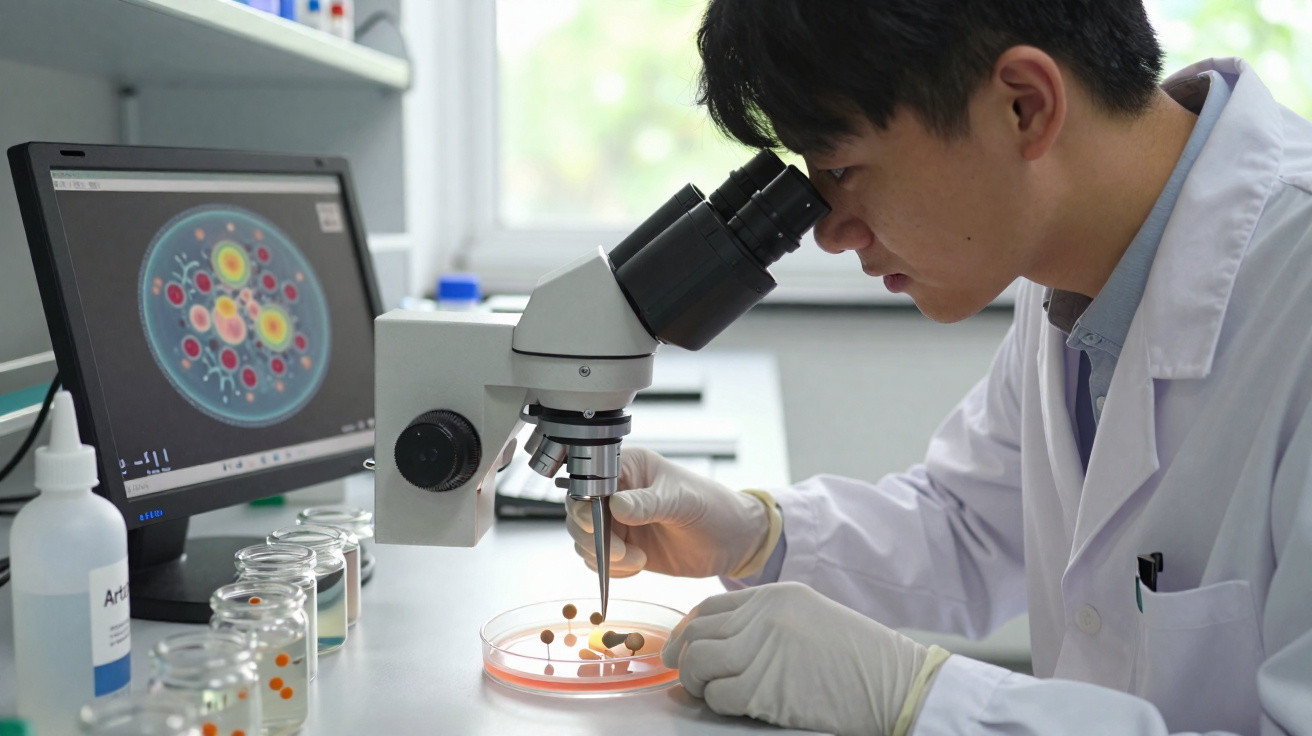 Wissenschaftler untersucht Proben mit Mikroskop, neben Monitor mit Zellstrukturen, im Labor.