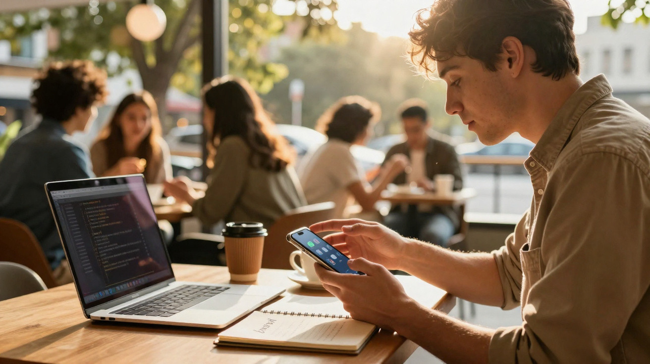 Junger Mann nutzt Smartphone und Laptop in Café, mehrere Personen im Hintergrund an Tischen sitzend.