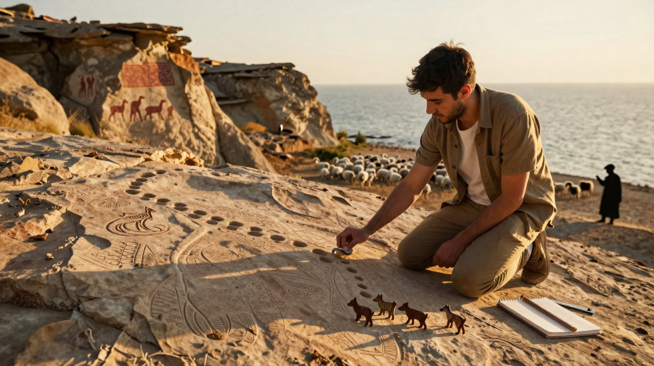 Mann untersucht antike Felszeichnungen am Meer, umgeben von Schafherde und Skizzenblock bei Sonnenuntergang.