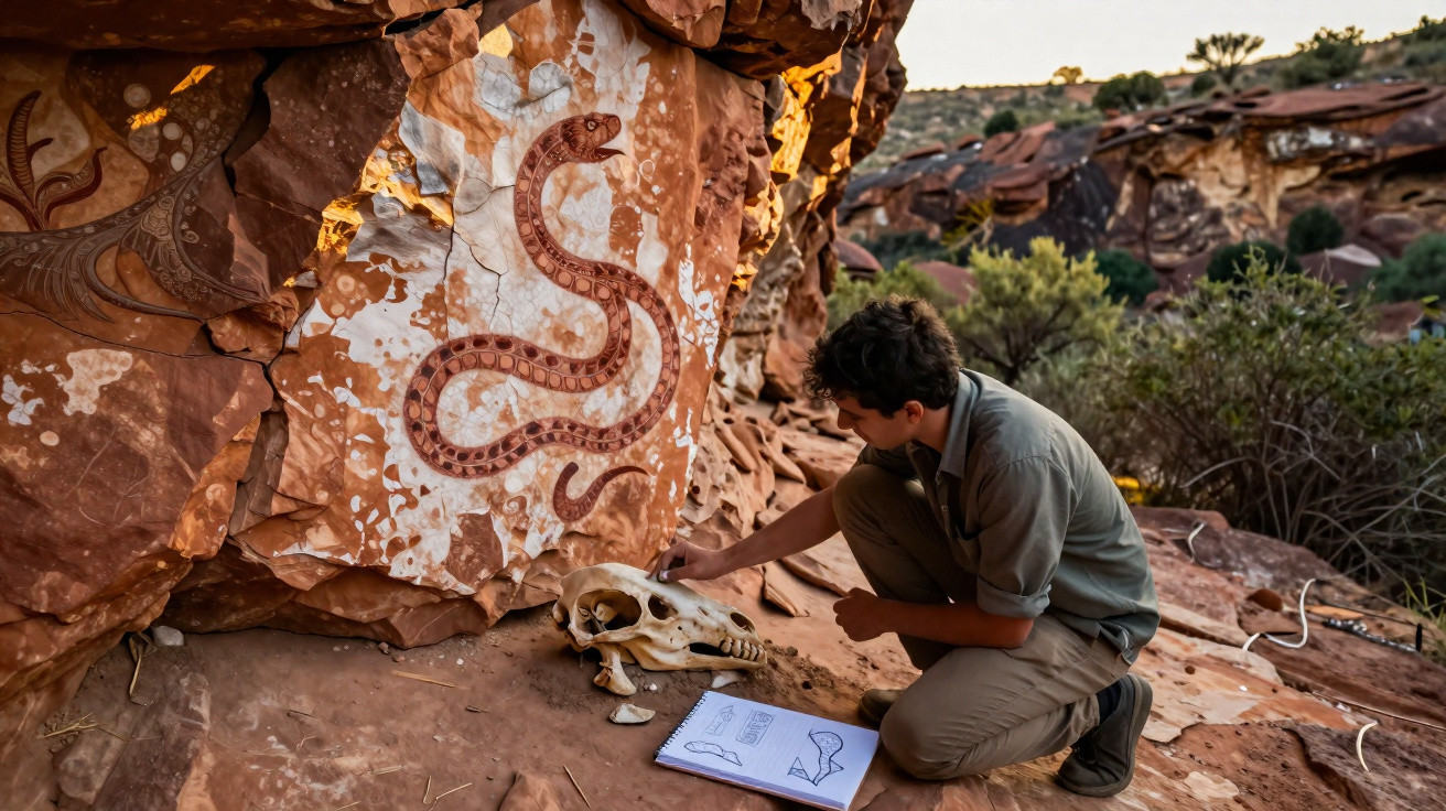 Mann zeichnet bei Felsen mit prähistorischer Schlangengrafik und untersucht ein Tier-Schädel und Skizzenbuch.