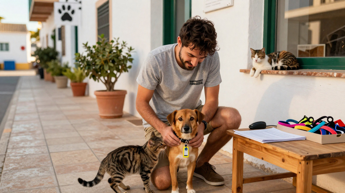 Mann kniet auf Terrasse und streichelt Hund, zwei Katzen sind in der Nähe, eine auf Fensterbank.
