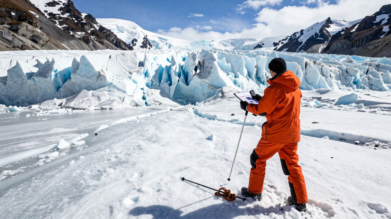 Person in orangener Winterkleidung beobachtet und dokumentiert einen Gletscher in verschneiter Berglandschaft.