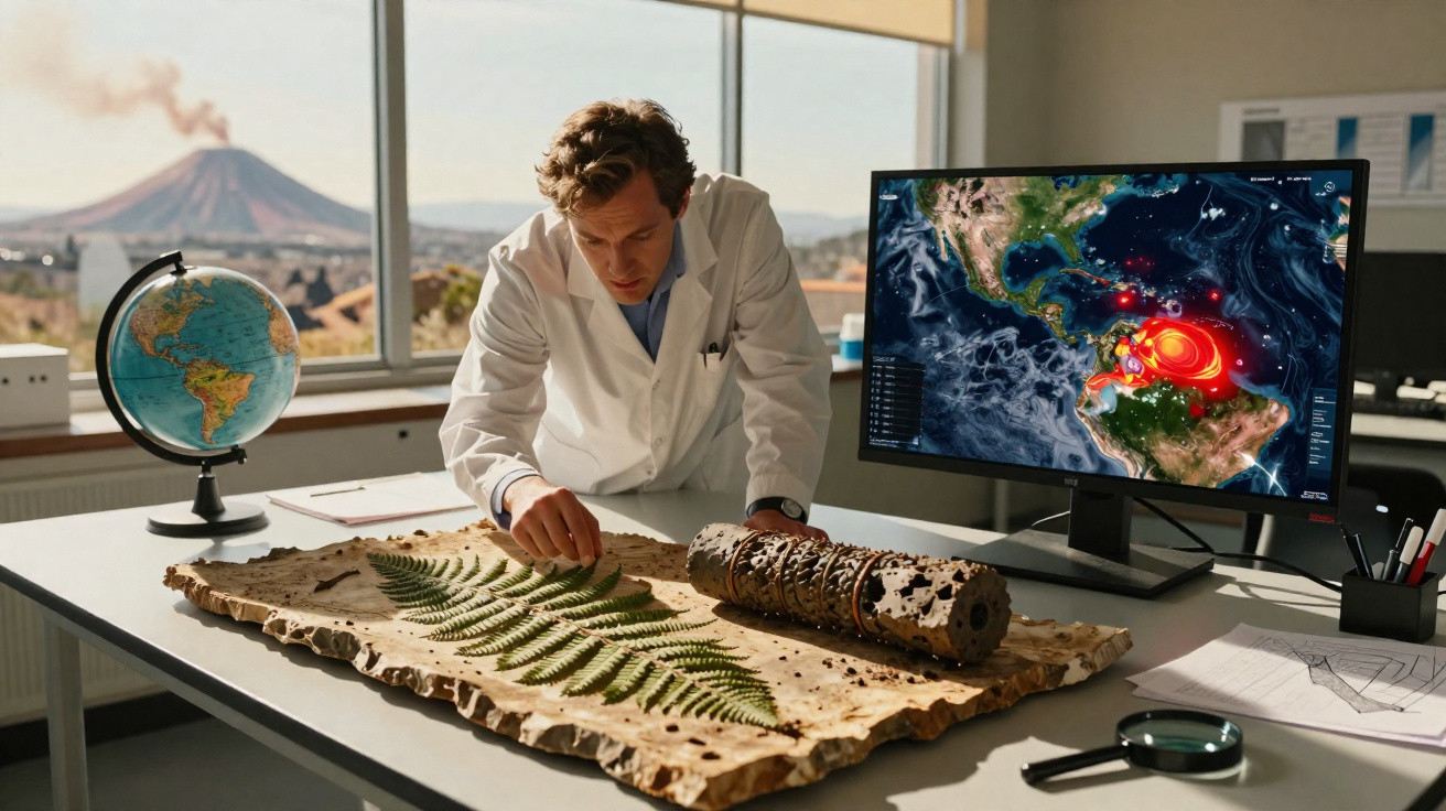 Geologe untersucht fossiles Farnblatt am Schreibtisch mit Vulkan im Hintergrund und Erdbebenkarte auf Monitor.