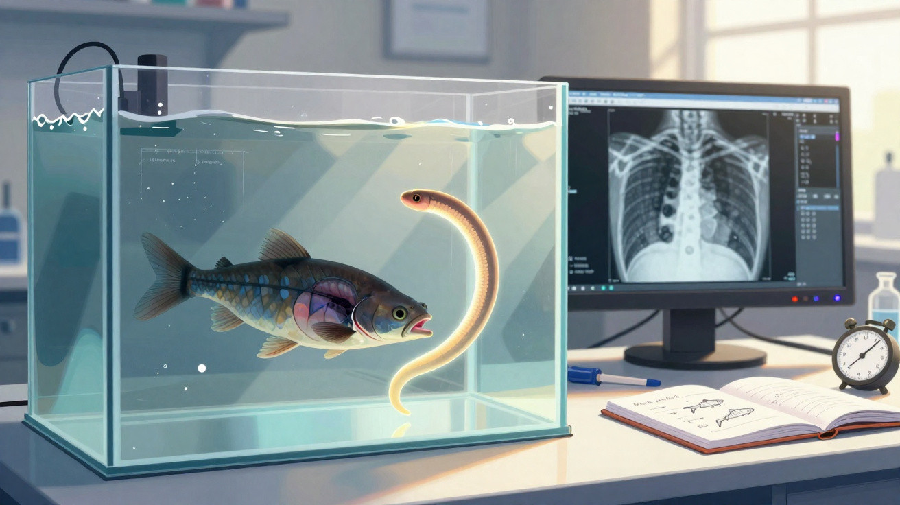 Labor-Aquarium mit einem Fisch und einem leuchtenden Aal, im Hintergrund Röntgenbild und Notizbuch auf dem Tisch.