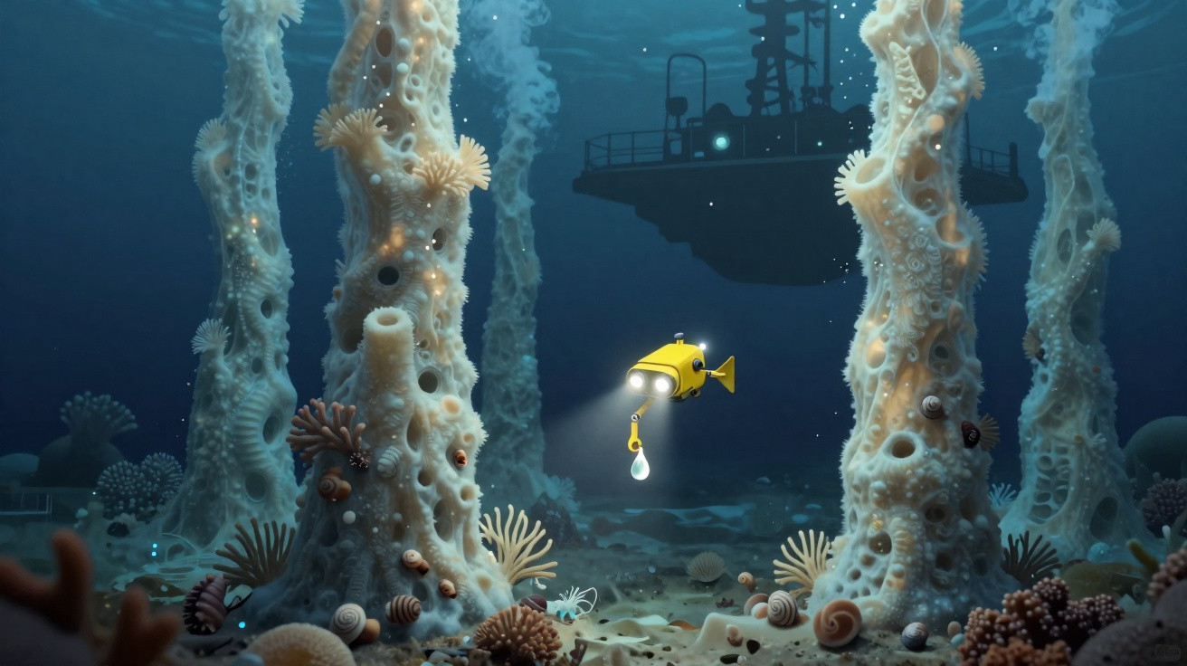 Unterwasserlandschaft mit Korallen, einem gelben Tauchroboter und einem U-Boot im Hintergrund.