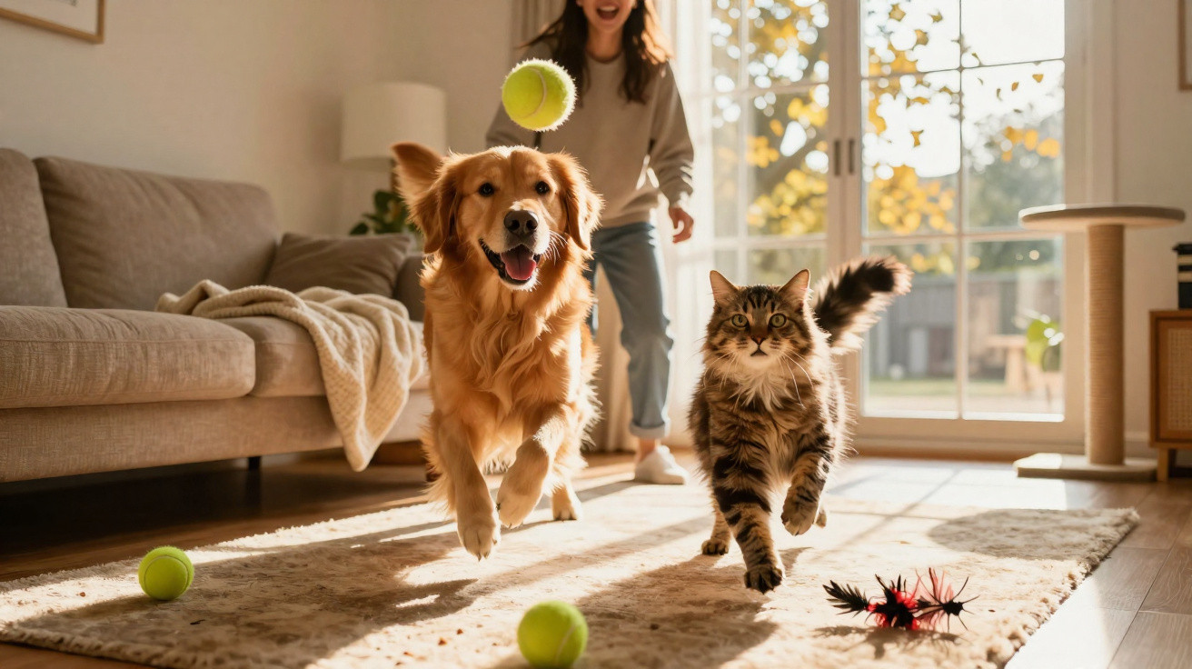 Golden Retriever und Katze spielen mit Tennisbällen im Wohnzimmer, Frau im Hintergrund lacht.