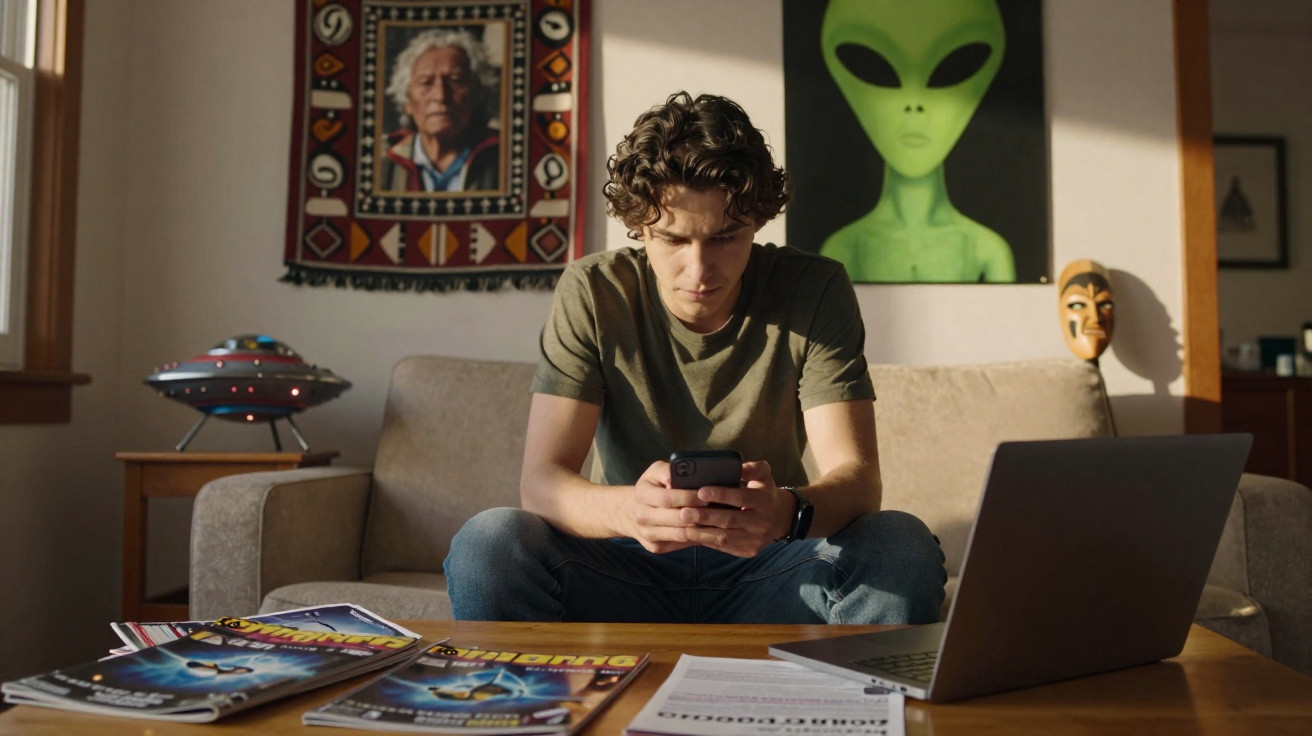 Junger Mann sitzt auf Couch, schaut auf Smartphone, vor ihm Laptop und Zeitschriften, Alienbild im Hintergrund.