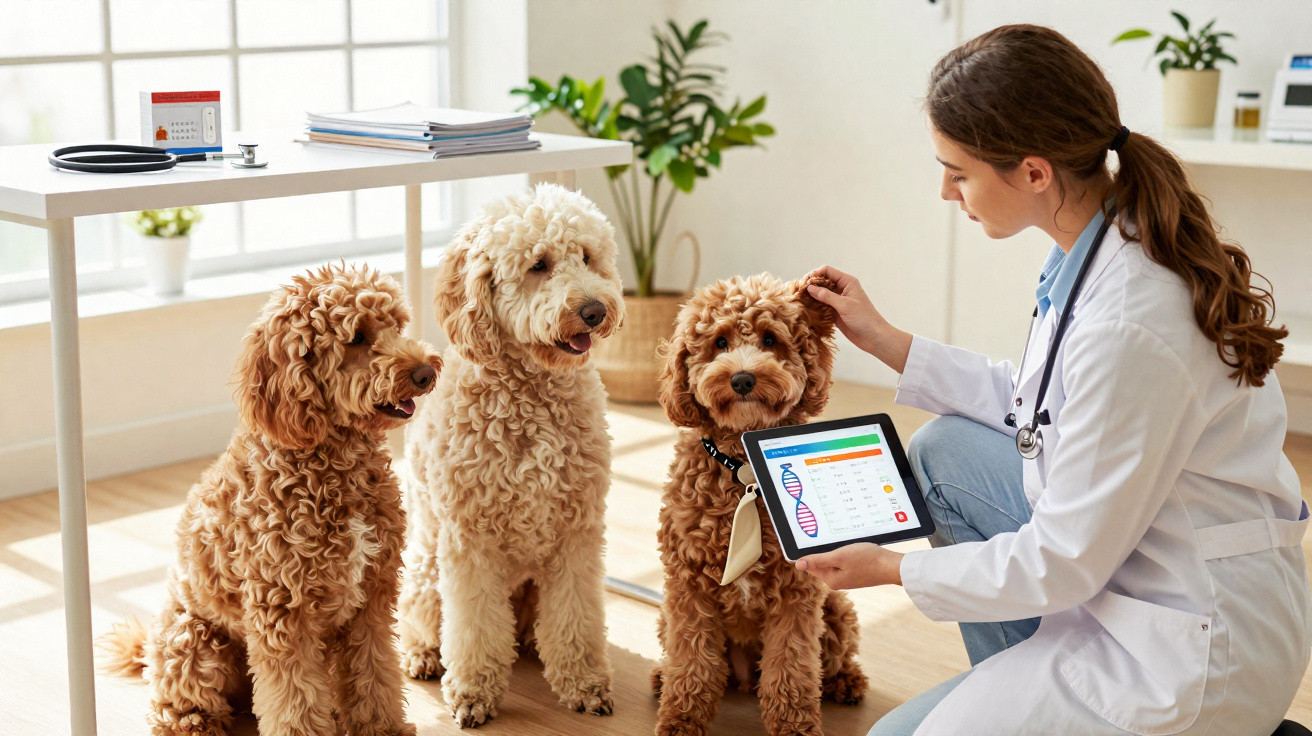 Tierärztin untersucht drei Labradoodle-Hunde im hellen Behandlungszimmer mit Tablet in der Hand.