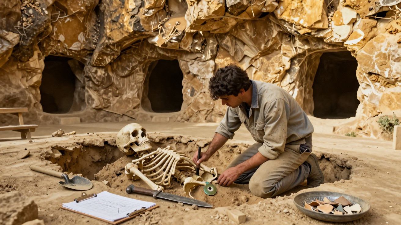 Archäologe untersucht ein freigelegtes menschliches Skelett und Artefakte in einer Ausgrabungsstätte mit Höhlen.