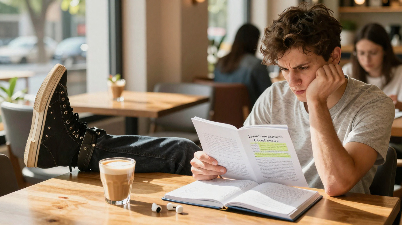 Junger Mann liest konzentriert in Café, Füße auf dem Tisch, Buch und Kaffee vor ihm.