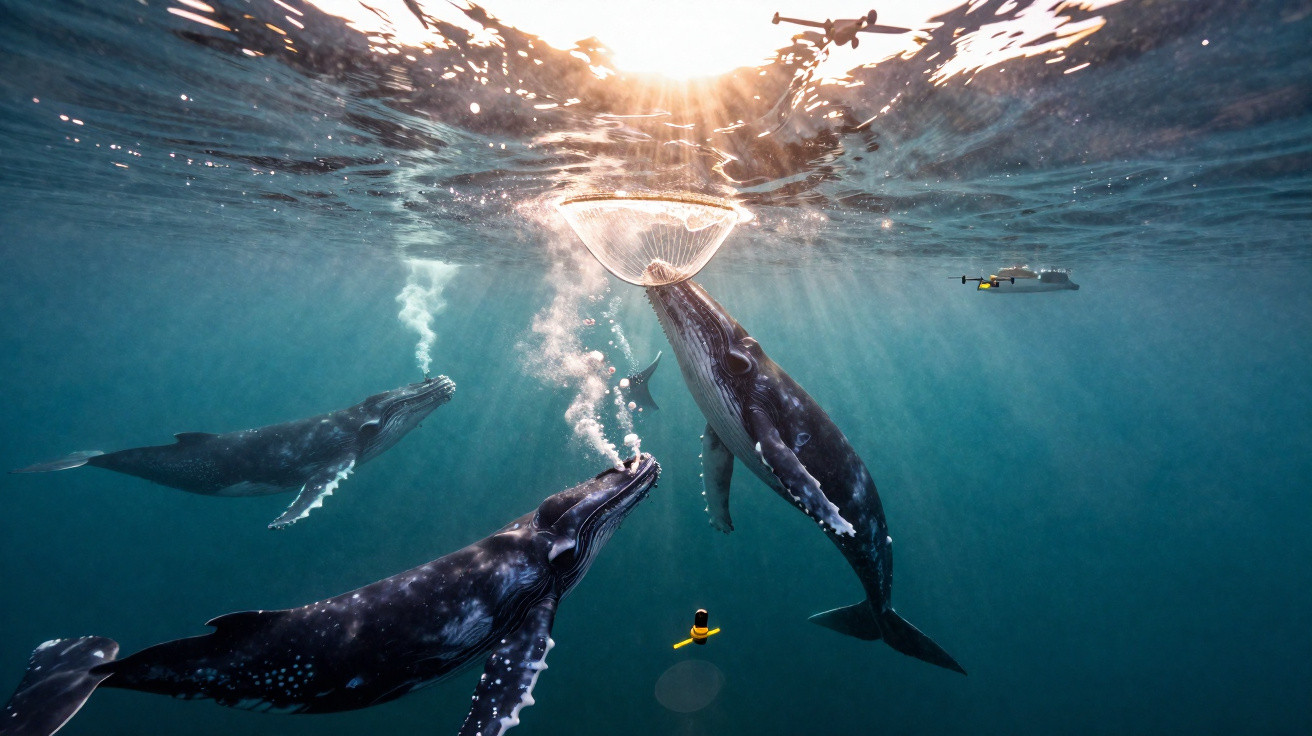 Drei Buckelwale schwimmen unter Wasser zum Licht, eine Forschungsdrohne und ein Schiff sind sichtbar.