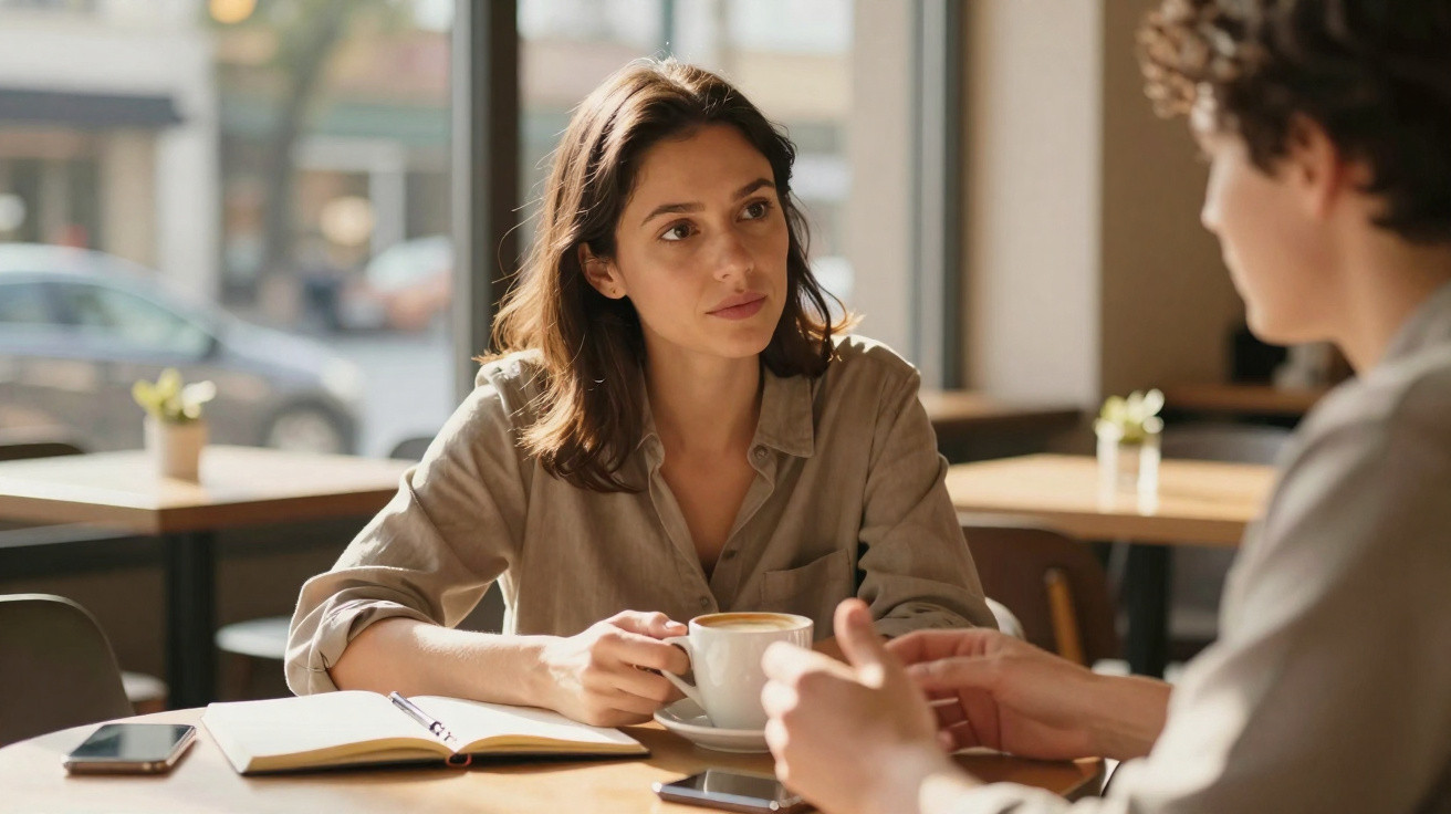 Zwei Personen führen im Café ein Gespräch, eine Frau hält eine Kaffeetasse, auf dem Tisch liegen Handy und Notizbuch.