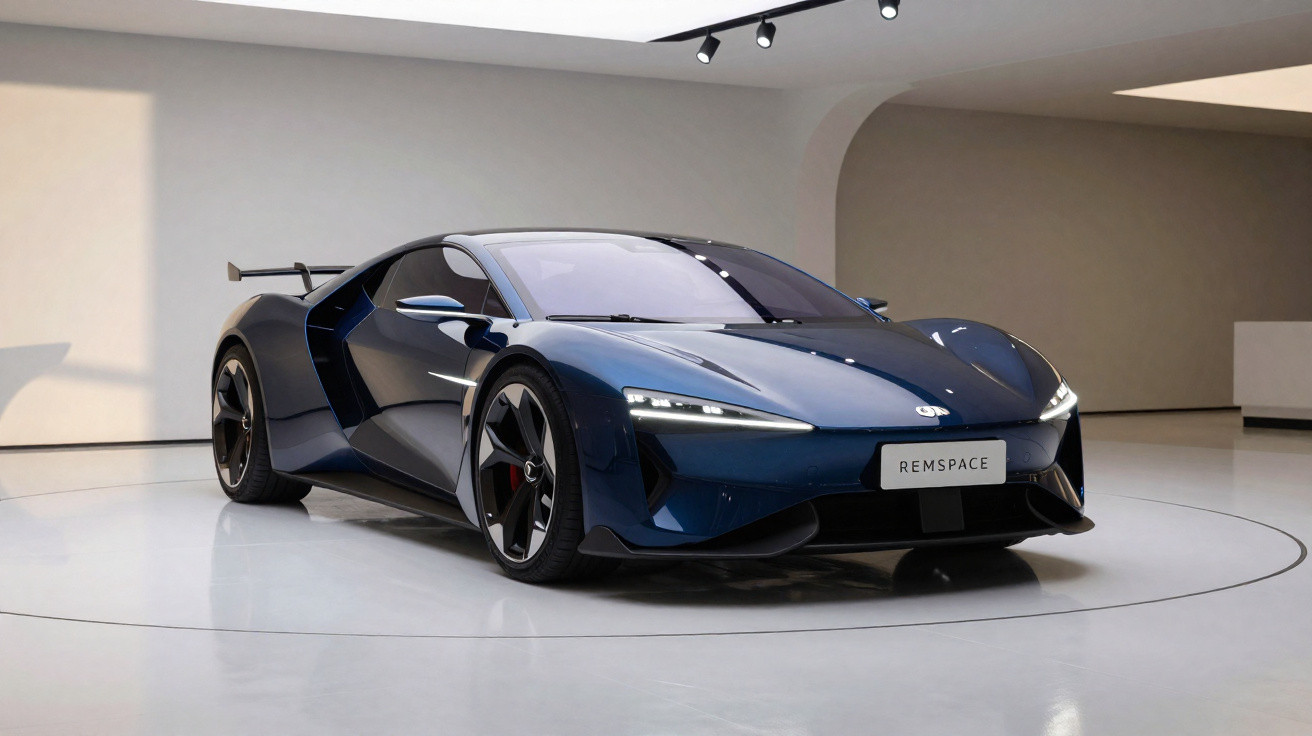 Blauer futuristischer Sportwagen mit scharfen Linien, LED-Scheinwerfern und Heckspoiler in modernem Ausstellungsraum
