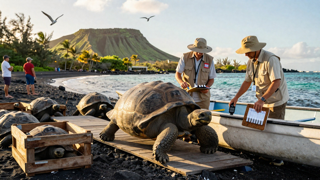 Zwei Forscher vermessen Riesenschildkröten am schwarzen Sandstrand mit Vulkan im Hintergrund.
