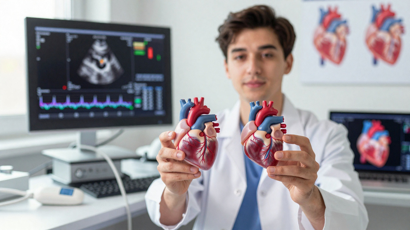 Arzt im weißen Kittel hält zwei anatomische Herzmodelle vor Monitor mit Herzultraschall und EKG-Daten.