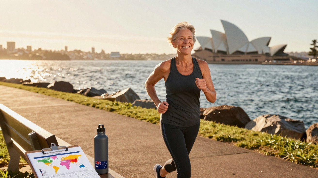 Ältere Frau joggt am Wasser mit Sydney Opera House im Hintergrund bei Sonnenaufgang.