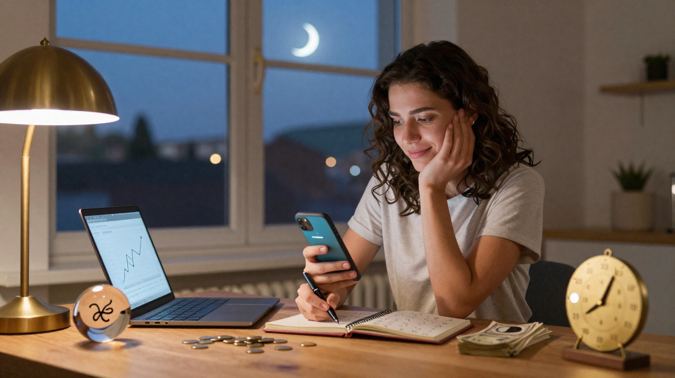 Frau arbeitet nachts am Schreibtisch mit Laptop, Smartphone, Notizbuch und Geldscheinen, Mond durchs Fenster sichtbar.