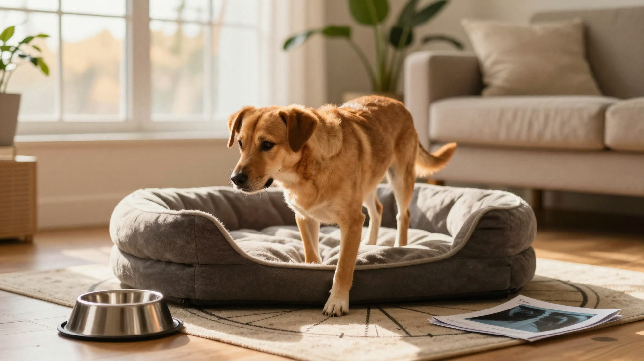 Hund steht in einem Wohnzimmer auf einem grauen Hundebett neben einem Futternapf und Zeitschriften.