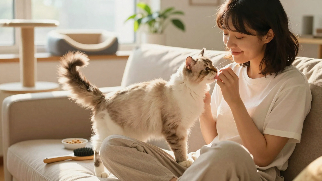 Junge Frau sitzt entspannt auf dem Sofa und füttert liebevoll ihre stehende Katze im hellen Wohnzimmer.