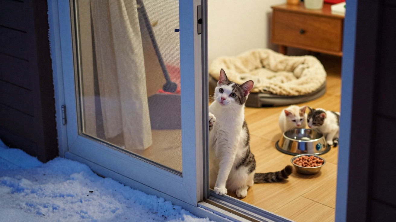 Drei Katzen im Haus am geöffneten Schiebetür, außen Schnee, innen Futternäpfe und Katzenbett.