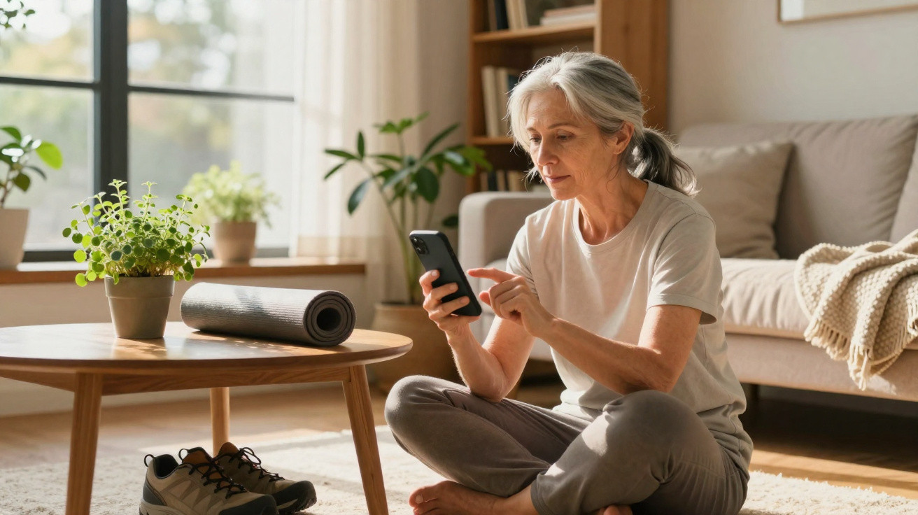 Ältere Frau sitzt entspannt im Wohnzimmer auf dem Boden und nutzt Smartphone, neben ihr Sportschuhe und Yogamatte.