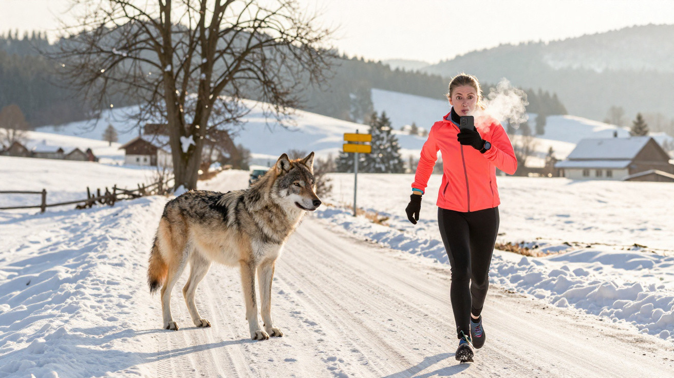 Frau joggt im Winter auf verschneiter Landstraße mit großem Wolf neben ihr bei Sonneschein.