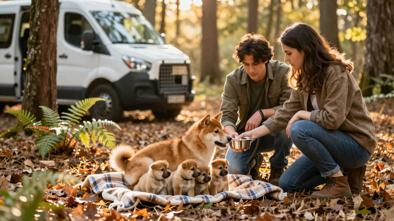 Junges Paar füttert Shiba Inu Mutterhund und ihre Welpen auf einer Decke im Wald neben einem Campervan.