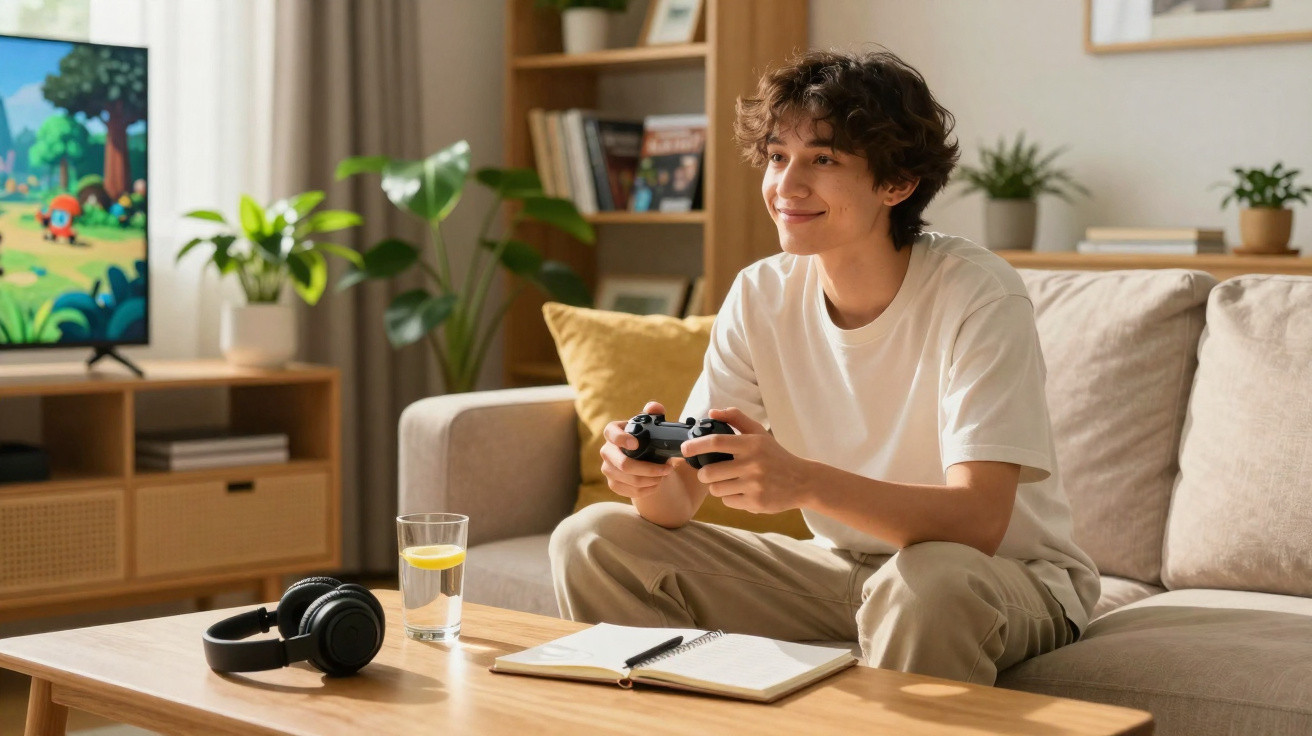 Jugendlicher sitzt auf dem Sofa und spielt Videospiele mit Controller vor dem Fernseher im Wohnzimmer.
