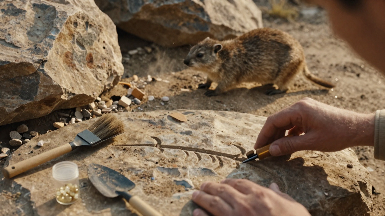 Nahaufnahme eines Fossils in einem Stein, das von einer Person vorsichtig freigelegt wird, mit einer Maus im Hintergrund.