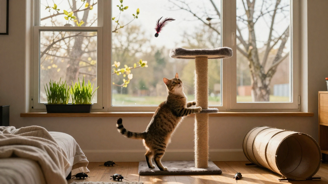 Tabby-Katze spielt mit Feder am Kratzbaum vor Fenster in gemütlichem Wohnzimmer.
