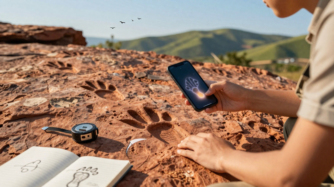 Person untersucht Fossilienabdrücke auf einem Felsen mit Smartphone und Skizzenbuch in gebirgiger Landschaft.
