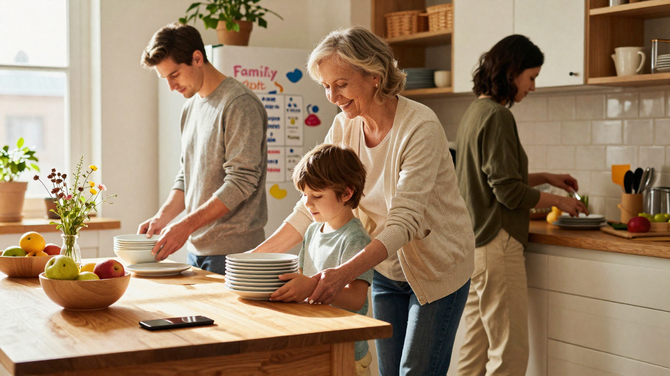 Mehrgenerationenfamilie räumt gemeinsam Geschirr in moderner Küche auf.