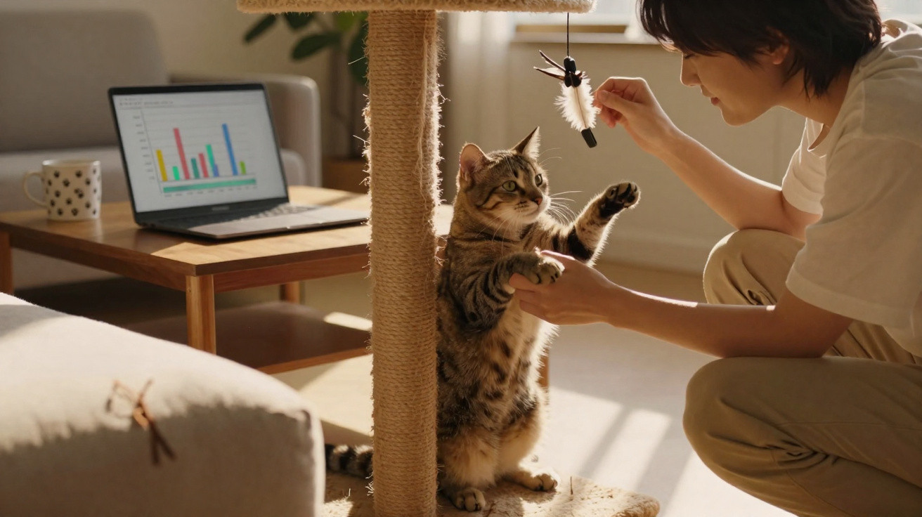 Person spielt mit einer stehenden Katze an einem Kratzbaum in einem sonnigen Wohnzimmer mit Laptop.