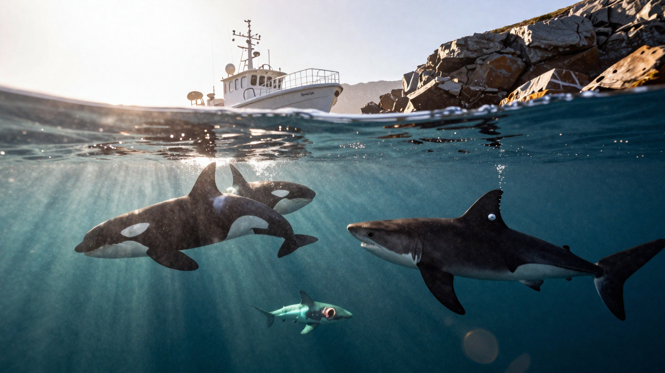 Unterwasseraufnahme von Orcas, einem Hai und einem kleinen Hai unter einem Boot bei felsiger Küste.