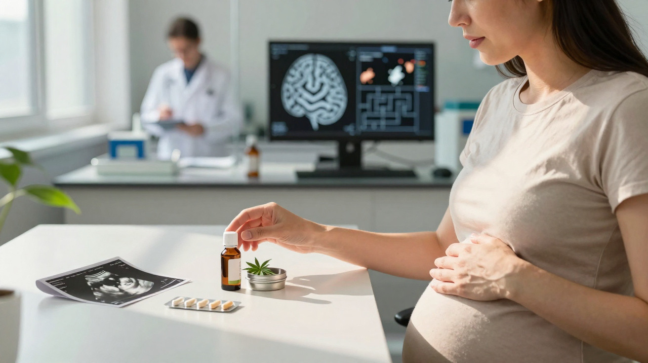 Schwangere Frau hält Medikamentenfläschchen, Ultraschallbild und Ärztin im Hintergrund im Untersuchungsraum.