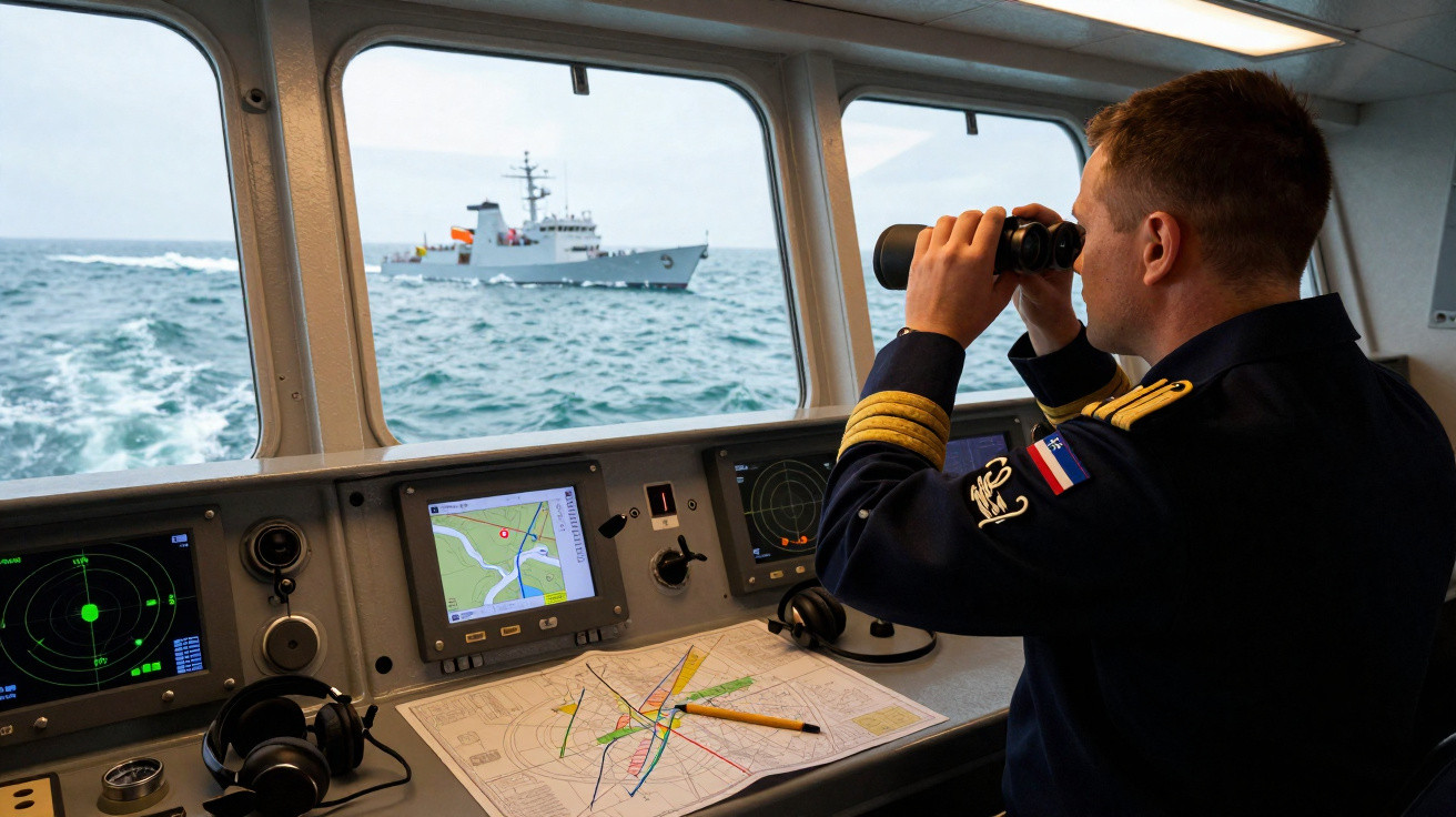 Marineoffizier mit Fernglas an Bord eines Schiffes beobachtet ein anderes Marineschiff auf dem Meer.