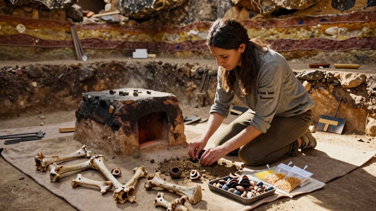 Forscherin kniet bei einem antiken Brennofen und untersucht Knochen und Keramikfragmente auf archäologischer Ausgrabung.