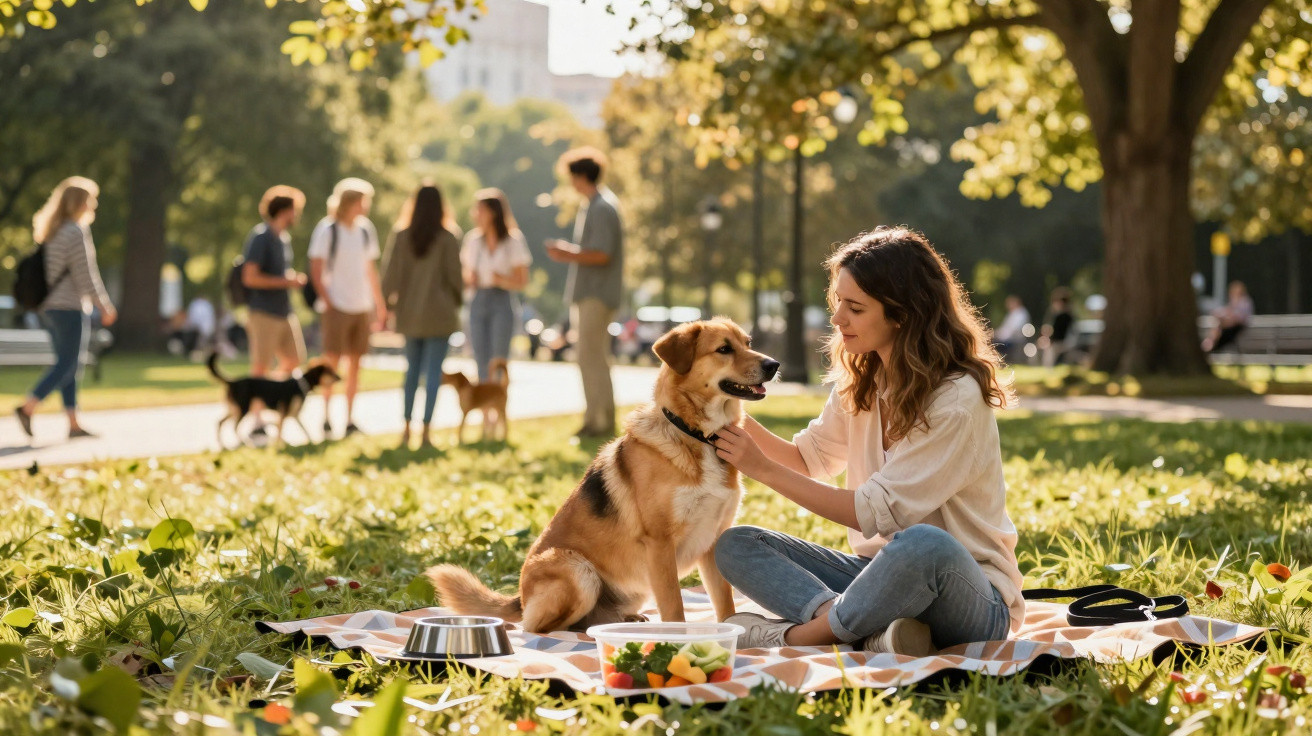 Frau sitzt auf Picknickdecke im Park und streichelt ihren Hund, im Hintergrund Spaziergänger mit Hunden.