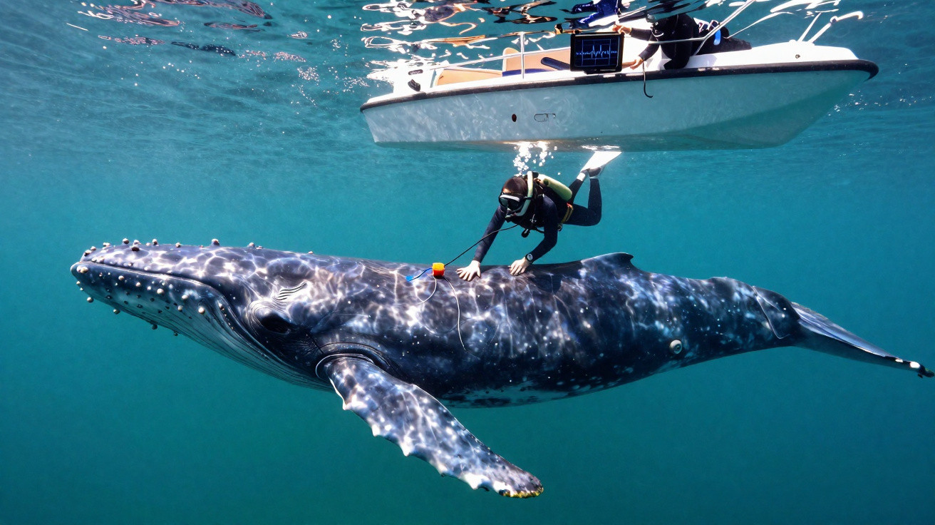 Taucher berührt Buckelwal unter einem kleinen Forschungsboot im klaren Ozeanwasser.